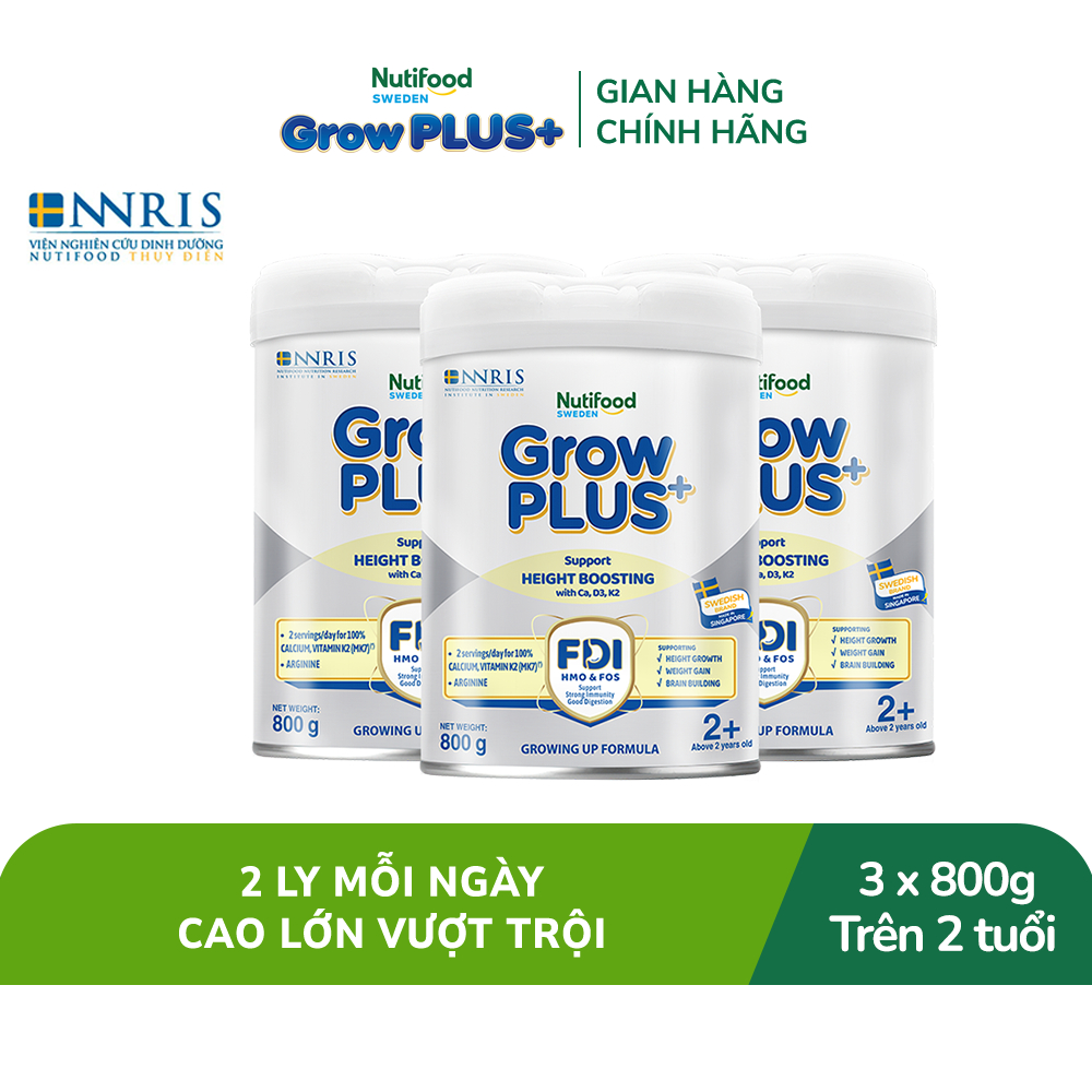 Combo 3 Sữa Bột Nutifood Sweden GrowPLUS+ Cao lớn vượt trội trên 2 tuổi (Bạc) 800g