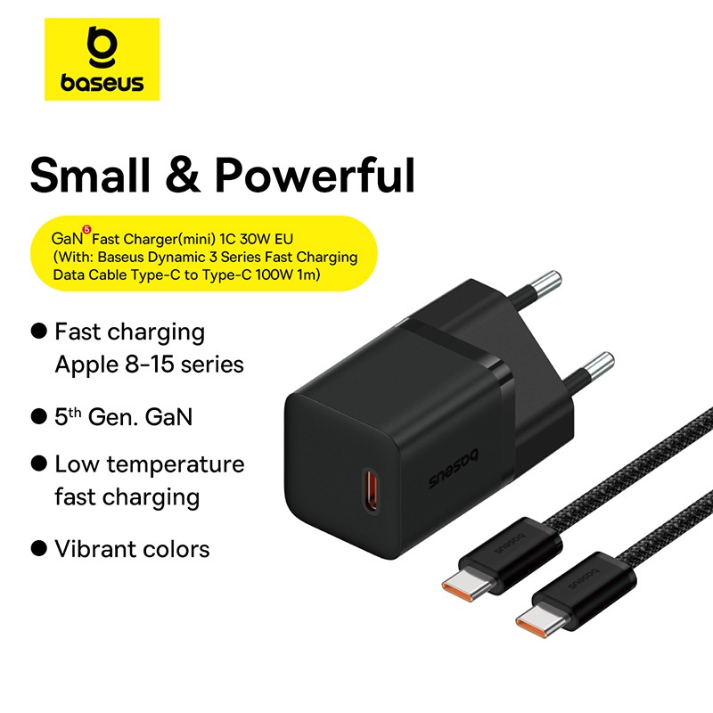 Baseus GaN5 Fast Charger(mini) 1C 30W EU Galaxy Blue With Fast Charging Data Cable Type-C to C 100W 1m