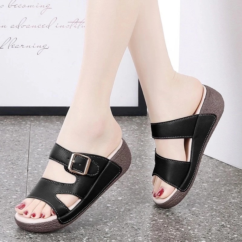 Dép đế xuồng nữ da thật KHUY CẠNH 5cm chống thấm nước – tôn dáng sang chảnh, siêu êm chân