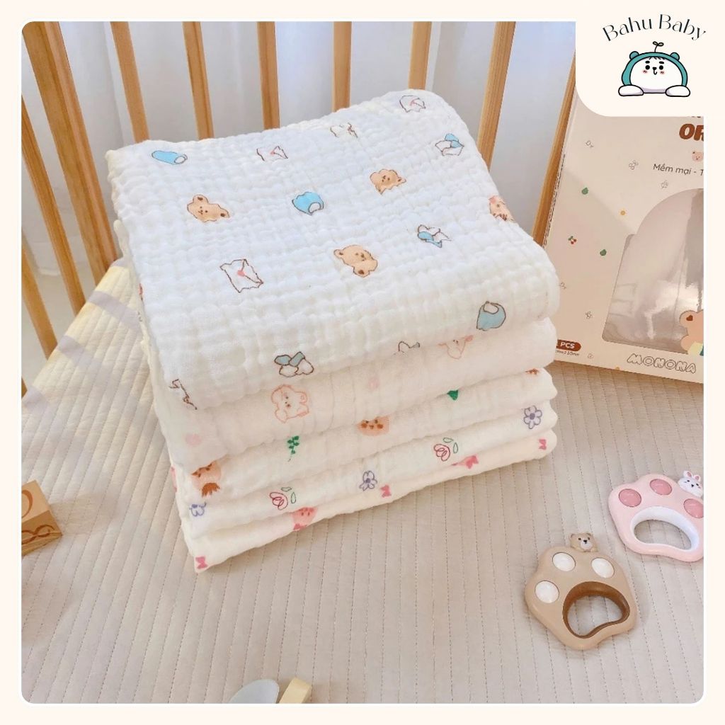 Khăn tắm nhăn 6 lớp MONONA ORGANIC mềm an toàn cho bé siêu thấm hút chất liệu tự nhiên thoáng khí 100x110cm Bahu_Baby
