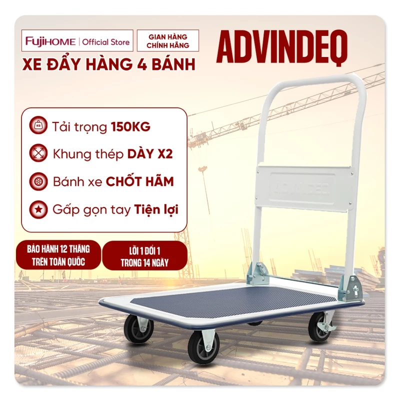 Xe đẩy hàng gấp gọn 4 bánh 150kg nhập khẩu ADVINDEQ TL-150, xe kéo hàng sàn thép bánh cao su chống ồn, bảo hành 1 năm — ảnh 1