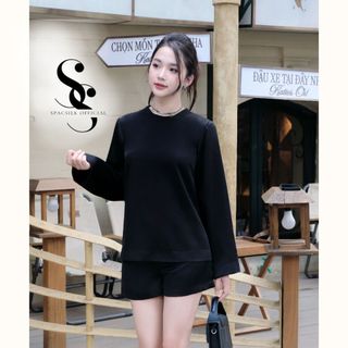 Bộ lụa cao cấp Domi – Set lụa thiết kế áo cổ tròn dài tay và quần short lụa màu đen SPAC SILK