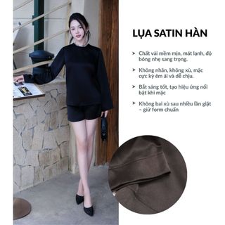 Bộ lụa cao cấp Domi – Set lụa thiết kế áo cổ tròn dài tay và quần short lụa màu đen SPAC SILK