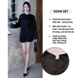 Bộ lụa cao cấp Domi – Set lụa thiết kế áo cổ tròn dài tay và quần short lụa màu đen SPAC SILK