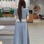 LS_Set đầm váy Jean, đồ công sở, set mặc hè, set áo tay búp cổ bẻ phối Ren mix chân váy dài