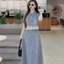LS_Set đầm váy Jean, đồ công sở, set mặc hè, set áo tay búp cổ bẻ phối Ren mix chân váy dài