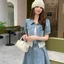 LS_Set đầm váy Jean, đồ công sở, set mặc hè, set áo tay búp cổ bẻ phối Ren mix chân váy dài