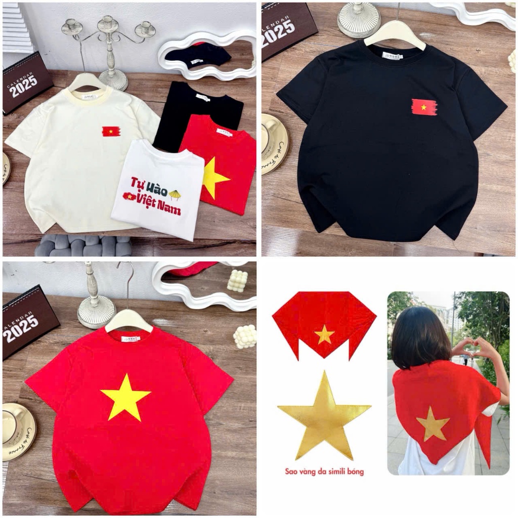 Set áo thun cờ đỏ sao vàng phù hợp trong các dịp lễ lớn, sự kiện, chất cotton co giãn 4 chiều mềm mịn size từ 12-8