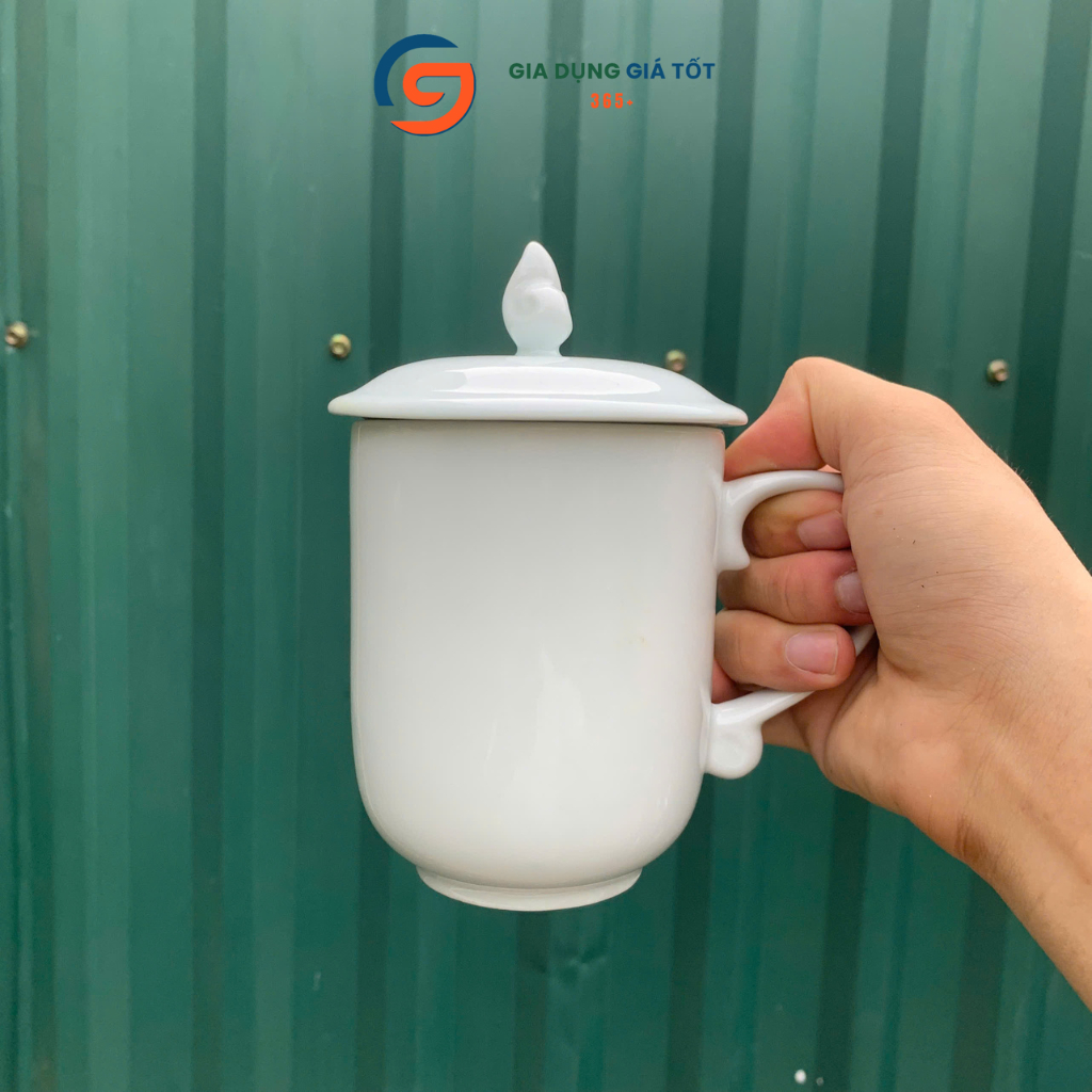 Cốc sứ trắng trơn có nắp LOHACO - ly sứ pha trà, cafe, pha sữa 350ml cao cấp