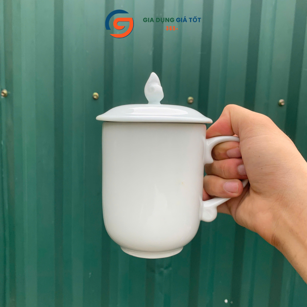 Cốc sứ trắng trơn có nắp LOHACO - ly sứ pha trà, cafe, pha sữa 350ml cao cấp