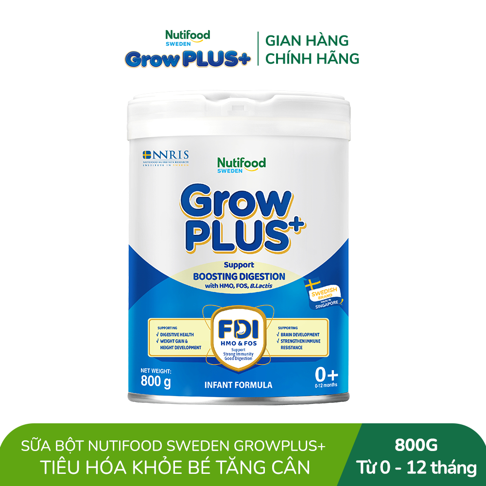 Sữa bột Nutifood Sweden GrowPLUS+ Tiêu Hóa (Xanh Nhạt) 0+ - Tiêu hóa khỏe, tăng cân (Lon 800g)