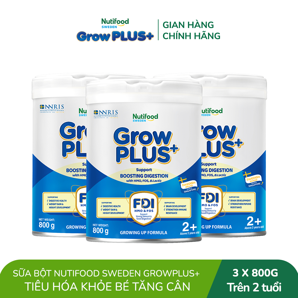 Combo 3 Sữa bột Nutifood Sweden GrowPLUS+ Tiêu Hóa (Xanh Nhạt) 2+ - Tiêu hóa khỏe, tăng cân (Lon 800g)