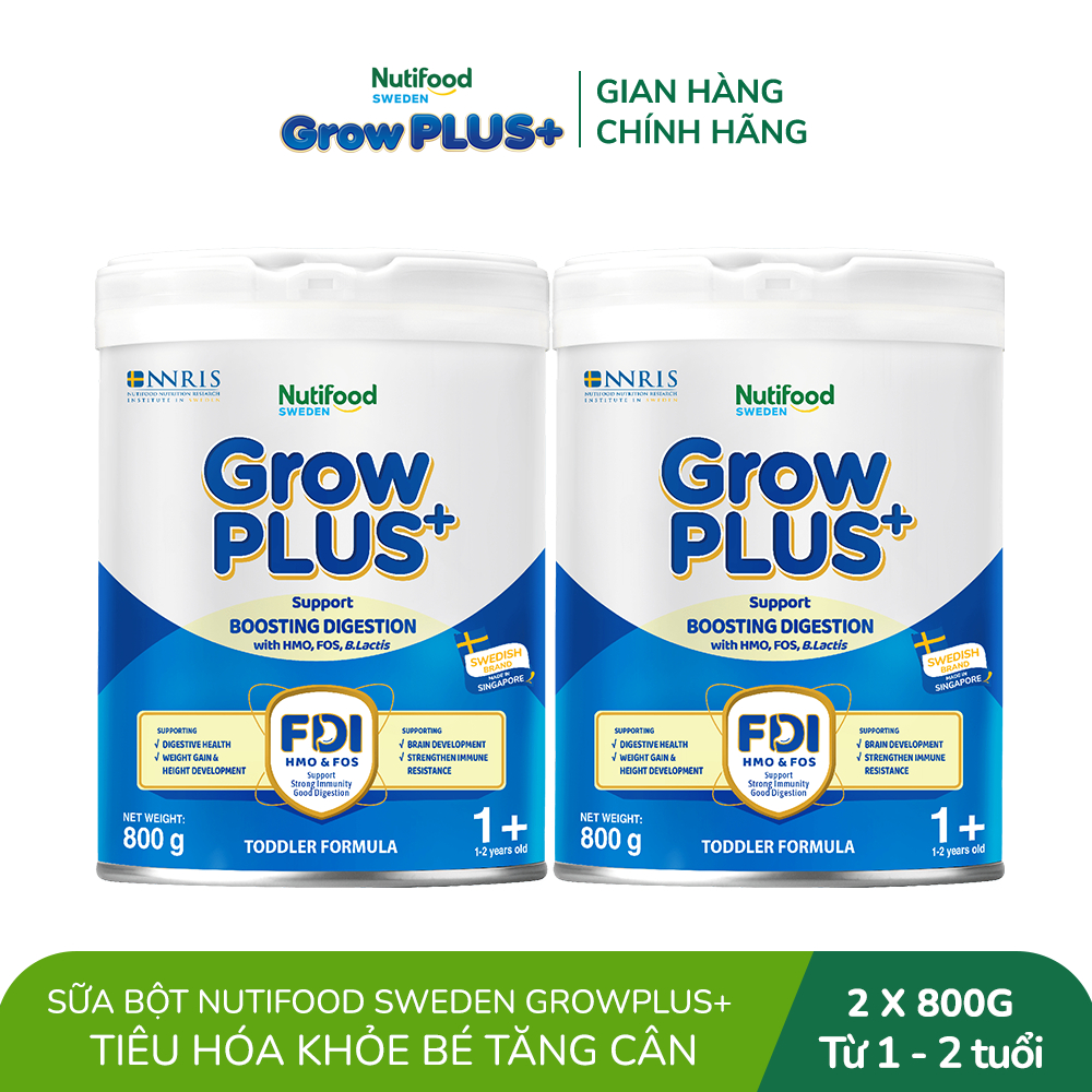 Combo 2 Sữa bột Nutifood Sweden GrowPLUS+ Tiêu Hóa (Xanh Nhạt) 1+ - Tiêu hóa khỏe, tăng cân (Lon 800g)