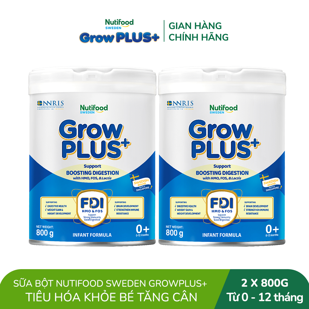 Combo 2 Sữa bột Nutifood Sweden GrowPLUS+ Tiêu Hóa (Xanh Nhạt) 0+ - Tiêu hóa khỏe, tăng cân (Lon 800g)