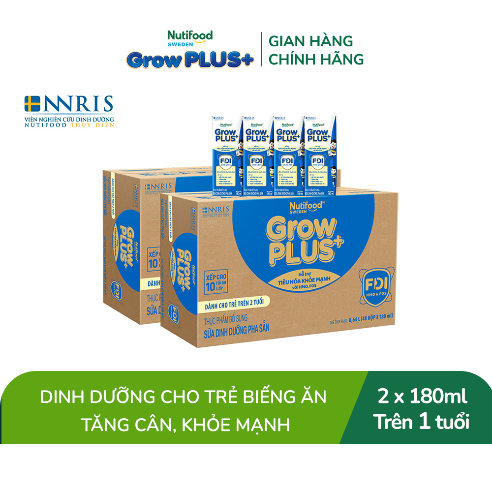 Combo 2 Sữa bột pha sẵn Nutifood Sweden GrowPLUS+ Tiêu Hóa (Xanh Nhạt) 1+ - Tiêu hóa khỏe, tăng cân (48 hộp x 180ml)