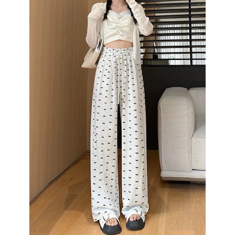 Quần dài nữ ống rộng cạp chun hoạ tiết nơ in kín 3 màu đen-xám-be fresize 38-55kg