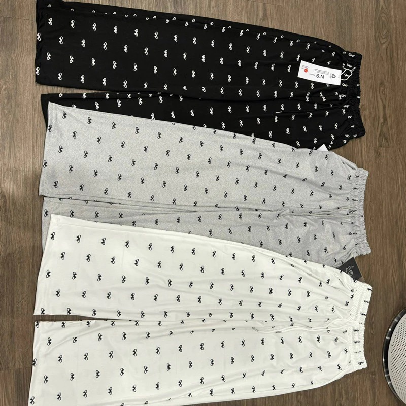 Quần dài nữ ống rộng cạp chun hoạ tiết nơ in kín 3 màu đen-xám-be fresize 38-55kg