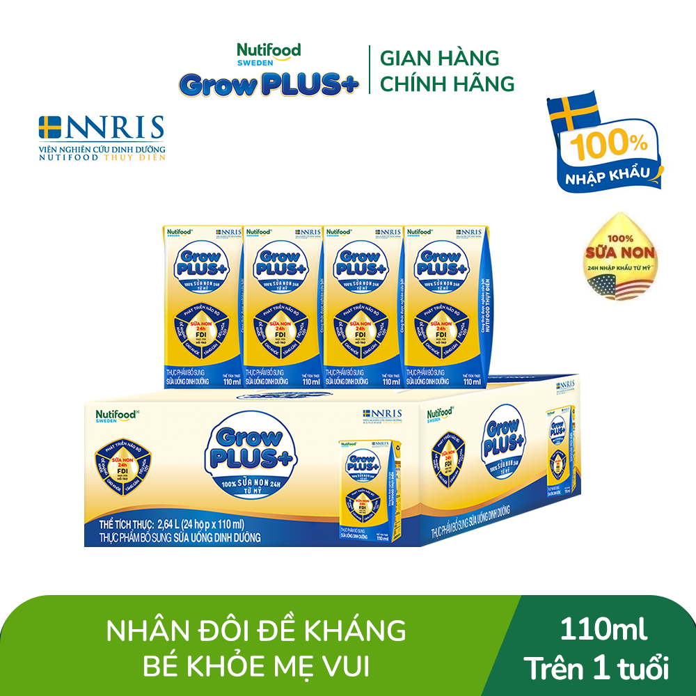 Thùng 24 hộp Sữa Bột Pha Sẵn Nutifood GrowPLUS+ Vàng (Sữa Non Tăng Đề Kháng) 110ml - Trên 1 tuổi