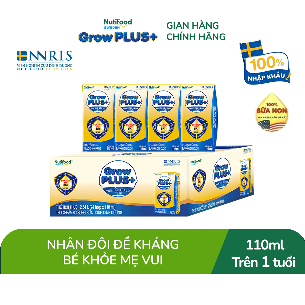 Thùng 24 hộp Sữa Bột Pha Sẵn Nutifood GrowPLUS+ Vàng (Sữa Non Tăng Đề Kháng) 110ml - Trên 1 tuổi