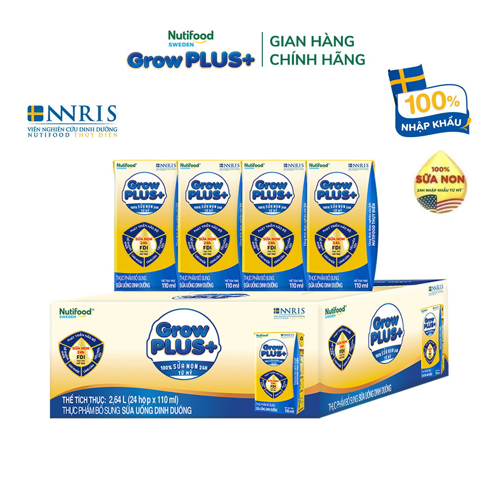 Thùng 24 hộp Sữa Bột Pha Sẵn Nutifood GrowPLUS+ Vàng (Sữa Non Tăng Đề Kháng) 110ml - Trên 1 tuổi