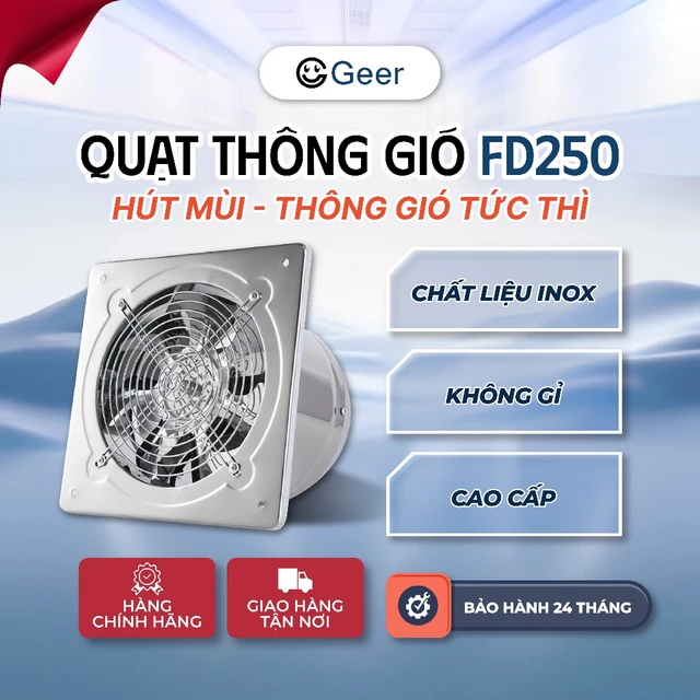 Quạt thông gió vuông GEER inox 100% FD150-FD300 chính hãng, quạt hút khói bếp công suất lớn hút gió mạnh tiết kiệm điện