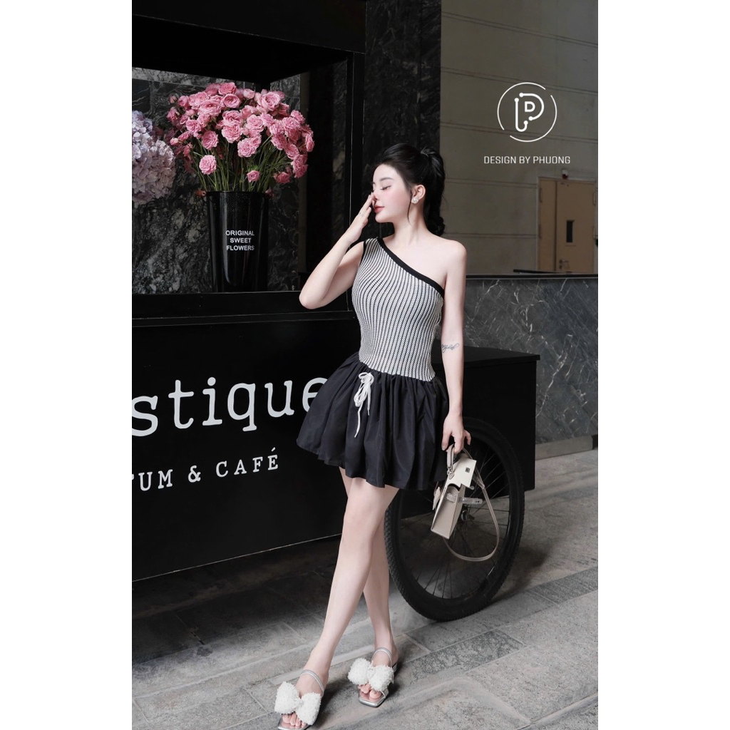 Váy lệch vai phối thô xoè xinh trẻ trung