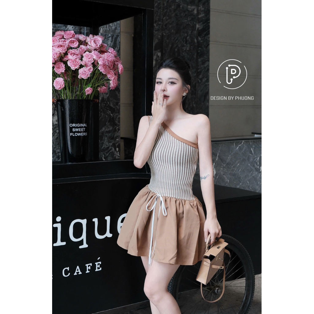 Váy lệch vai phối thô xoè xinh trẻ trung