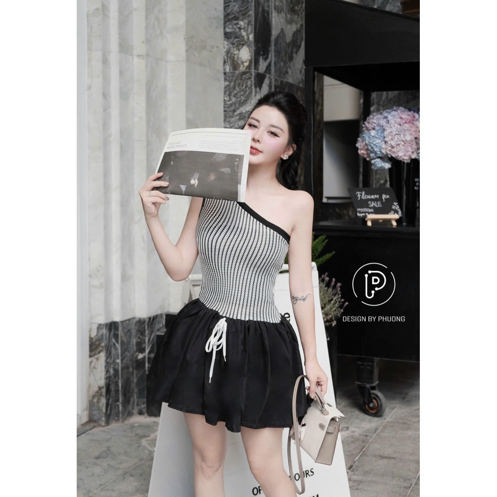 Váy lệch vai phối thô xoè xinh trẻ trung