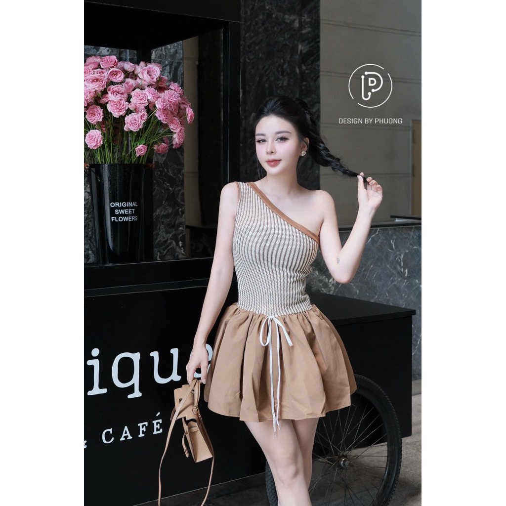 Váy lệch vai phối thô xoè xinh trẻ trung