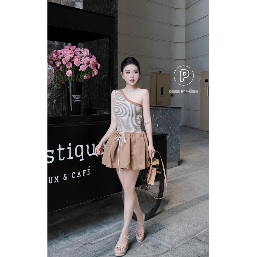 Váy lệch vai phối thô xoè xinh trẻ trung