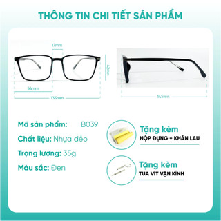 Gọng kính cận chất liệu nhựa dẻo dáng vuông nam nữ phụ kiện thời trang KAO PLUS B039