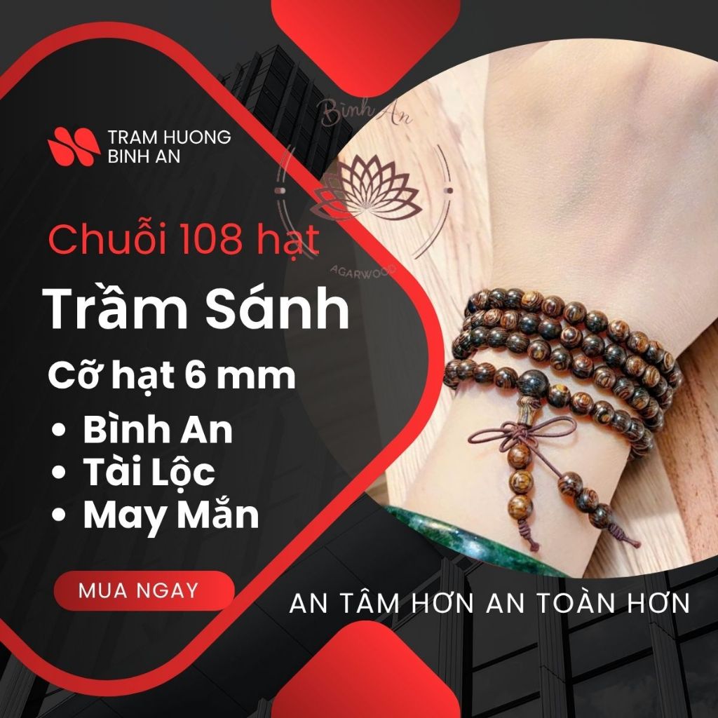 Vòng Tay Trầm Hương 108 Hạt Hội An Cao Cấp 6mm/7mm/8mm - Chuỗi Hạt Đeo Cổ, Quấn Tay Phong Thủy Nam Nữ