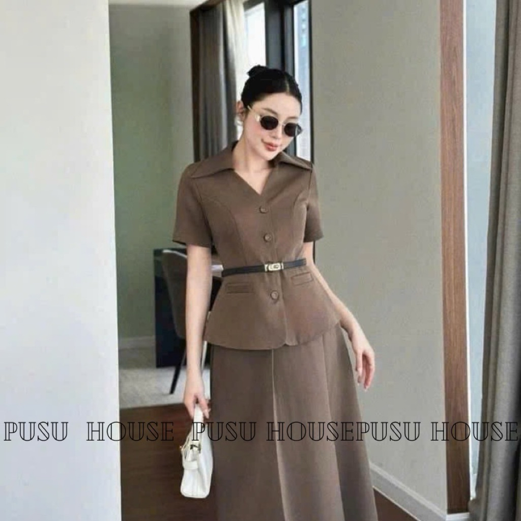 Set Công Sở Áo Somi Peplum Cách Điệu + Chân Váy Xoè Dài Kèm BELT Thanh Lịch- Pusu house