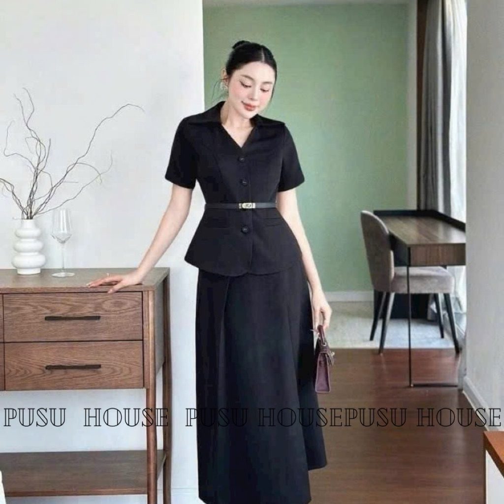 Set Công Sở Áo Somi Peplum Cách Điệu + Chân Váy Xoè Dài Kèm BELT Thanh Lịch- Pusu house
