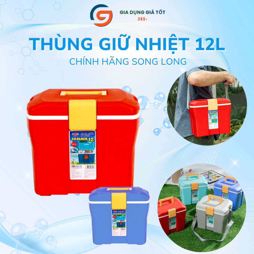 Thùng đựng đá giữ nhiệt Song Long 12L có dây đeo và quai xách, dùng picnic dã ngoại du lịch