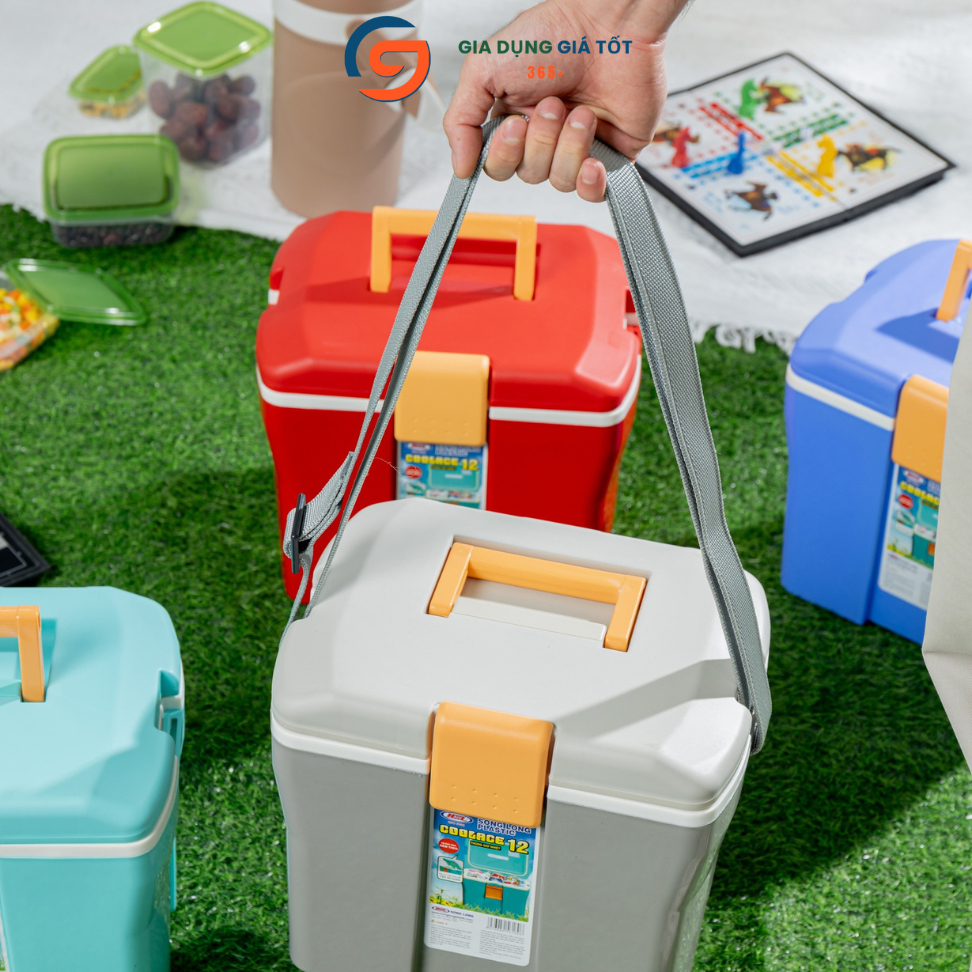 Thùng đựng đá giữ nhiệt Song Long 12L có dây đeo và quai xách, dùng picnic dã ngoại du lịch