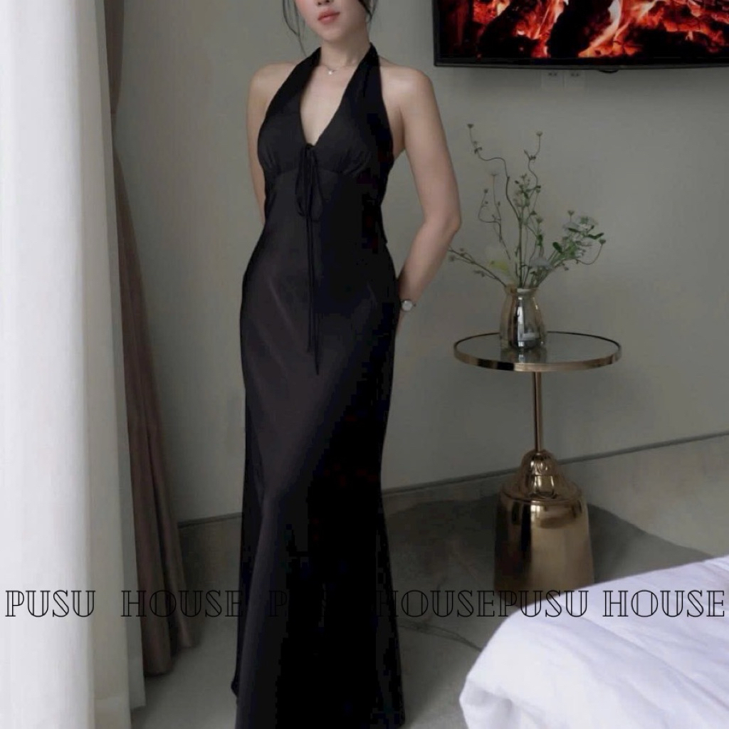 Đầm Dự Tiệc Lụa cổ yếm V xẻ sâu cột nơ đuôi cá dài quyến rũ sang trọng  3 màu - Pusu house