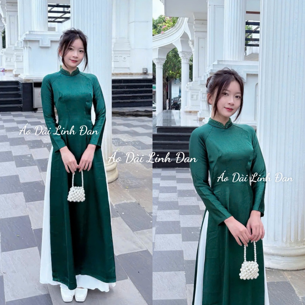 Áo dài lụa cao cấp màu xanh rêu cổ cao 3 phân kết đá cùng màu áo trẻ trung sang trọng - Áo Dài Linh Đan