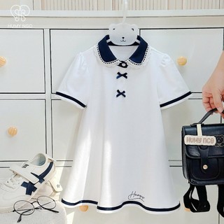 Váy polo cộc tay HUMY NGO trắng phối xanh form suông A bé 12-28kg. Váy học sinh tiểu học chất thun lạnh mềm mát [v164]