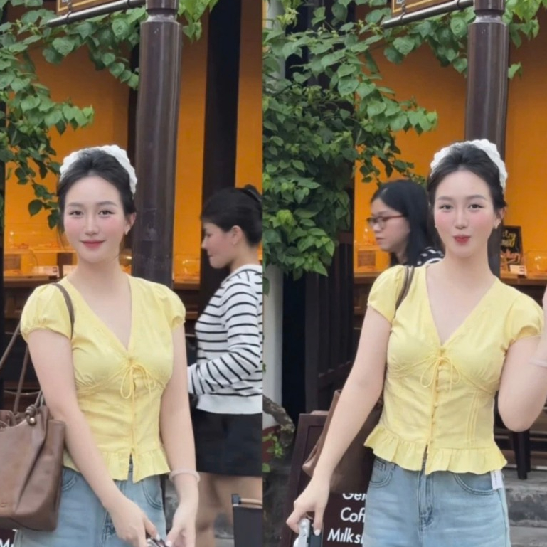 Áo sơ mi thô mềm cúc bọc, cổ V phối ren, áo phong cách Hàn quốc LABEL A71