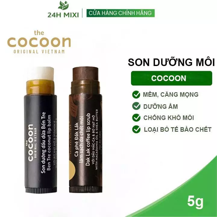 Combo Son Tẩy Da Chết Môi Cà Phê Đắk Lắk Cocoon 5g + Son Dưỡng Môi Dầu Dừa Bến Tre Cocoon 5g Chính Hãng
