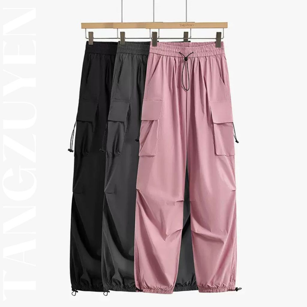 ( Nhiều mẫu ) Quần dài ống rộng kaki mềm túi hộp chốt rút gấu cạp chun dây rút Quần ống suông cá tính đen xám T768G