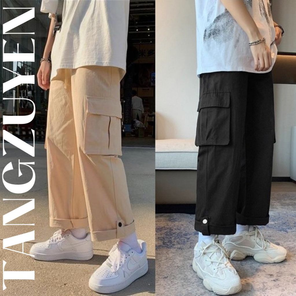 ( Nhiều mẫu ) Quần dài ống rộng kaki mềm túi hộp chốt rút gấu cạp chun dây rút Quần ống suông cá tính đen xám T768G