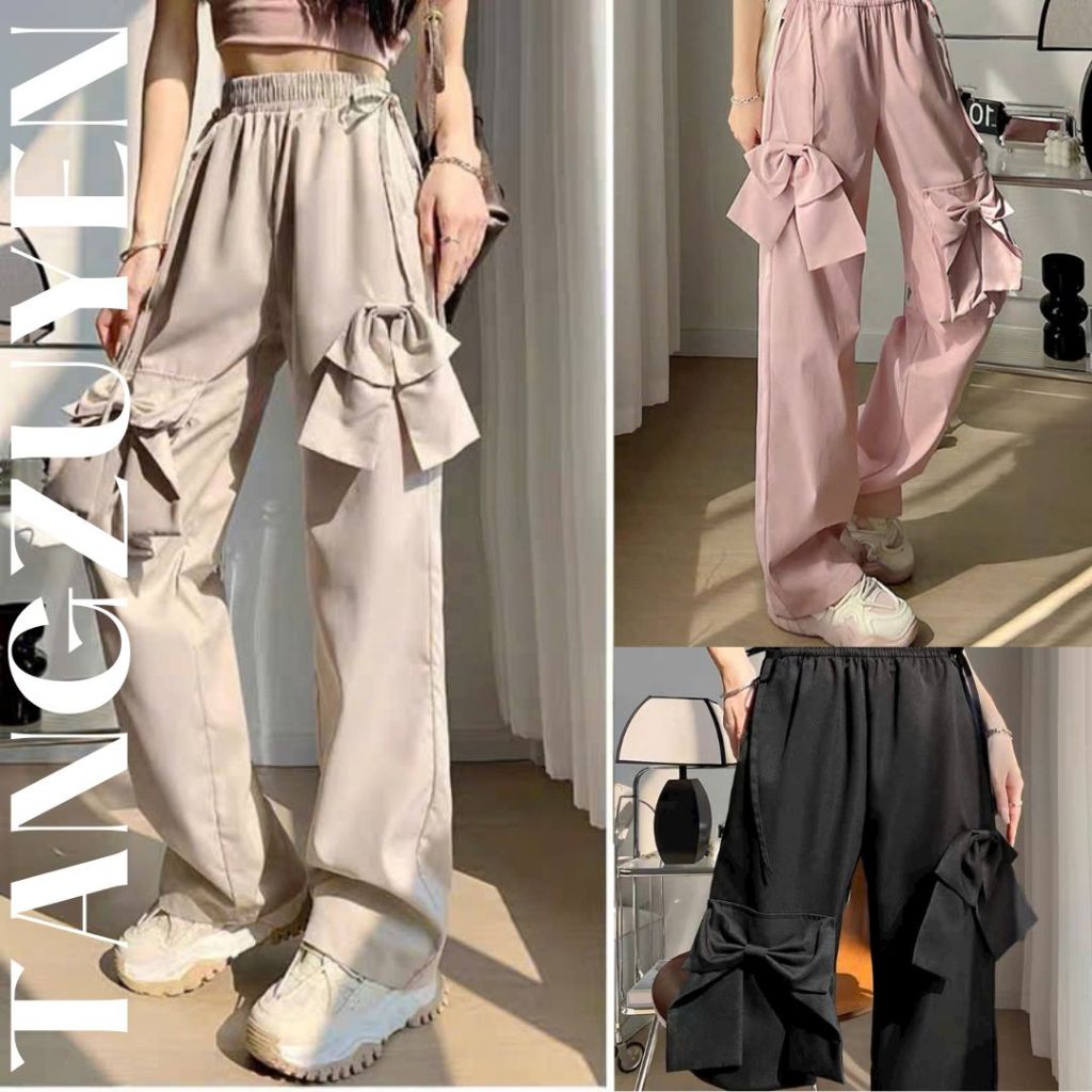 ( Nhiều mẫu ) Quần dài ống rộng kaki mềm túi hộp chốt rút gấu cạp chun dây rút Quần ống suông cá tính đen xám T768G