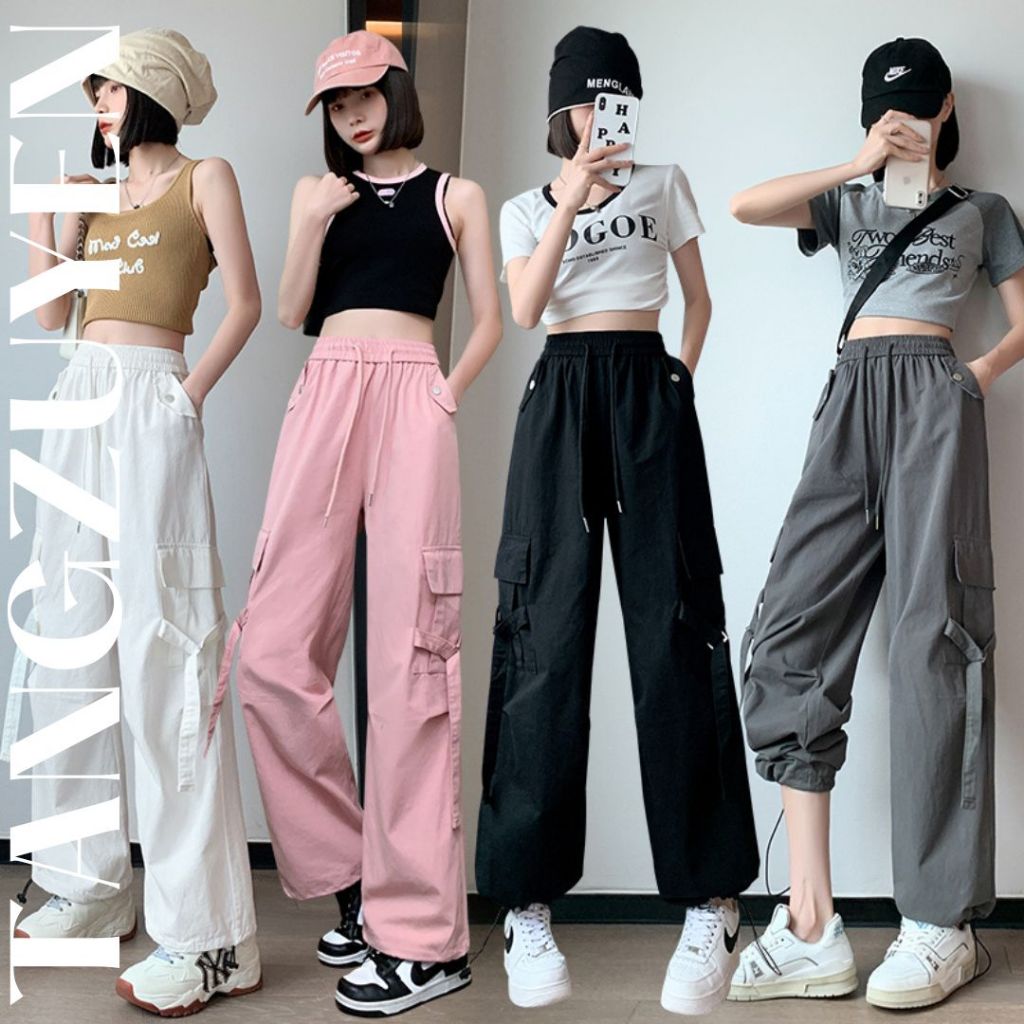 ( Nhiều mẫu ) Quần dài ống rộng kaki mềm túi hộp chốt rút gấu cạp chun dây rút Quần ống suông cá tính đen xám T768G