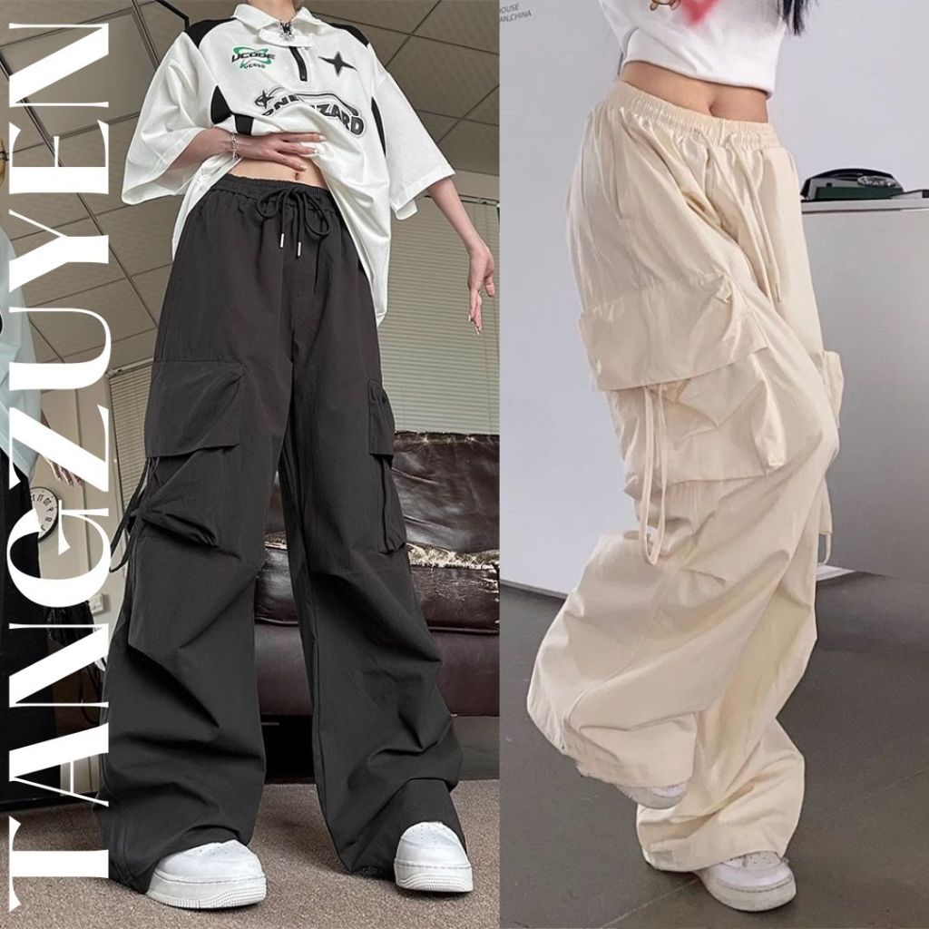 ( Nhiều mẫu ) Quần dài ống rộng kaki mềm túi hộp chốt rút gấu cạp chun dây rút Quần ống suông cá tính đen xám T768G
