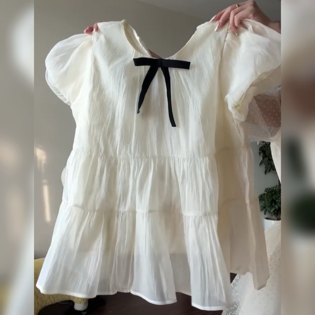 (ÁO KÈM NƠ) Áo nữ kiểu babydoll xoè tay bồng tiểu thư công chúa Dilyshop chất tơ xốp mềm mịn không nhăn - A125