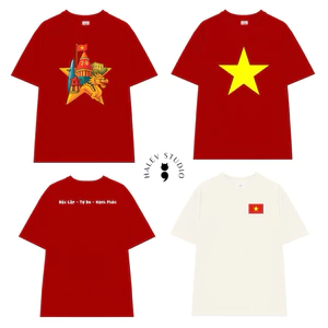 Áo thun in hình cờ đỏ sao vàng áo thun yêu nước 2.9 áo gia đình form rộng nam nữ cổ tròn chất Cotton Premium 250gsm