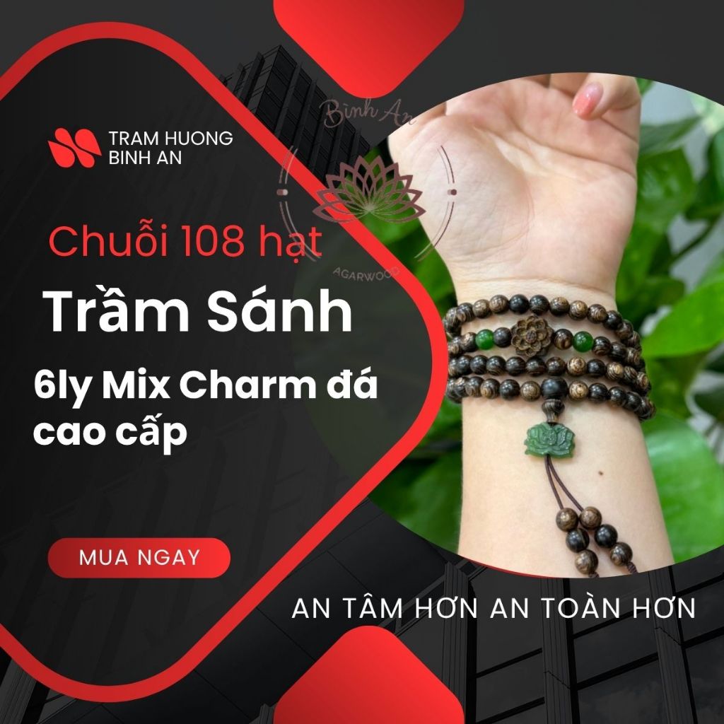Premium Vòng Tay Trầm Hương 108 Hạt – 6mm | Sánh Chìm & Charm Hoa Sen | Phong Thủy Tuổi Ất Tỵ 1989