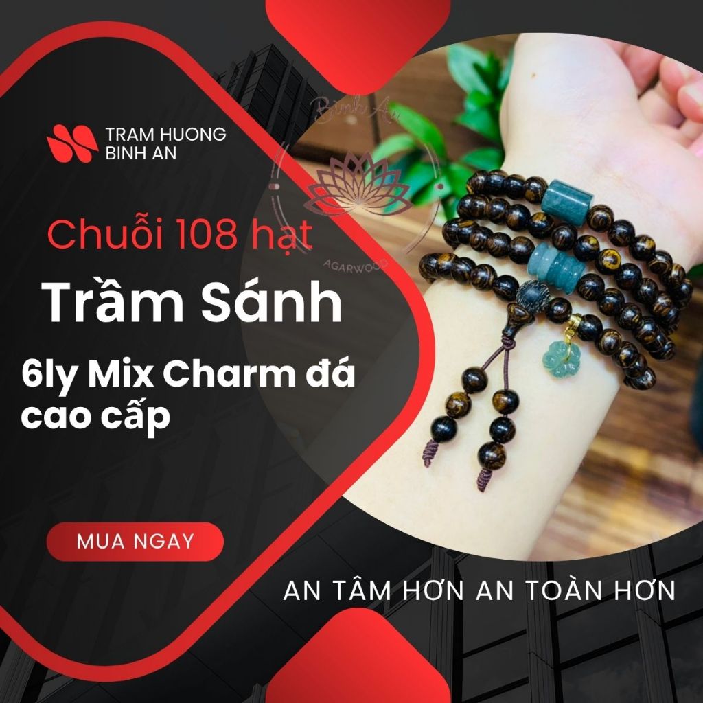 Vòng Tay Trầm Hương 108 Hạt Sánh Chìm 6ly Mix Charm Đá Cao Cấp - Chuỗi Tràng Hạt Phong Thủy Bình An (Kèm Quà Tặng)